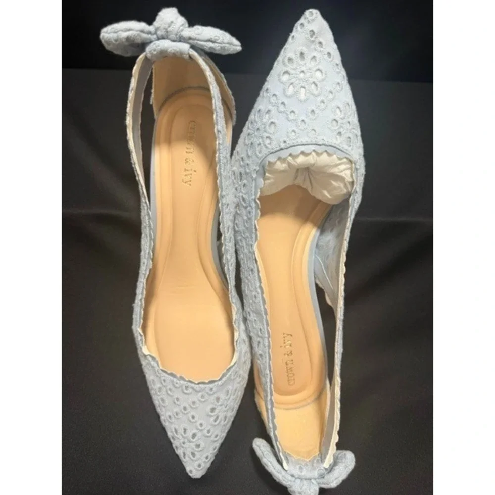 Crown and Ivy Lillie Eyelet Slingback Pumps Light Blue Bow Kitten Heel Size 9M